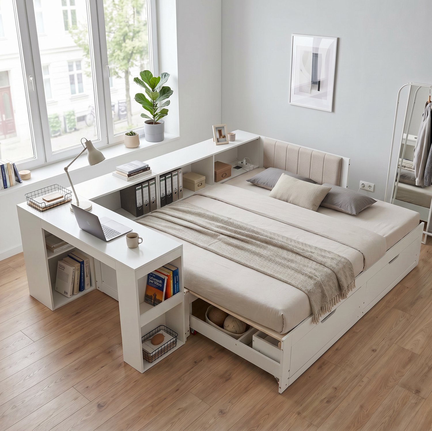 WUVRIE Bedframe 180x200 cm - Geïntegreerd bureau, lades en open vakken - Matwit Mat wit