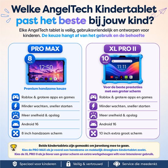 Vergelijkingsoverzicht van de 8 inch PRO MAX en 10 inch XL PRO II kindertablets met specificaties en functies.