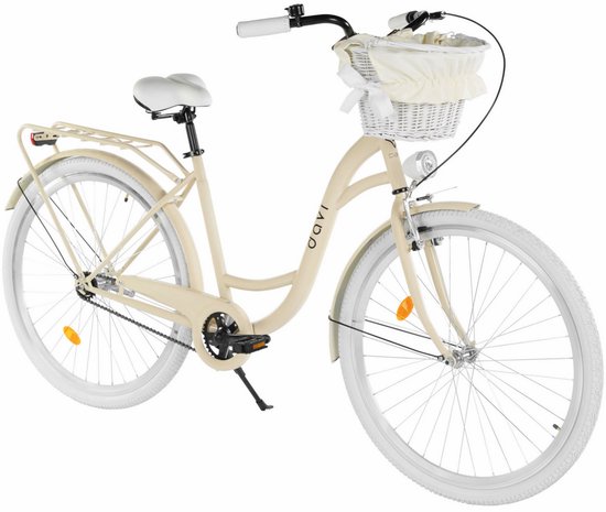 Beige Davi stadsfiets met witte banden, mandje voorop met stoffen inleg en een wit zadel.