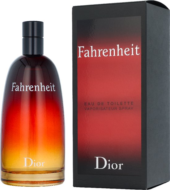 Dior Fahrenheit parfumfles naast de bijbehorende rechthoekige doos met rood kleurverloop.
