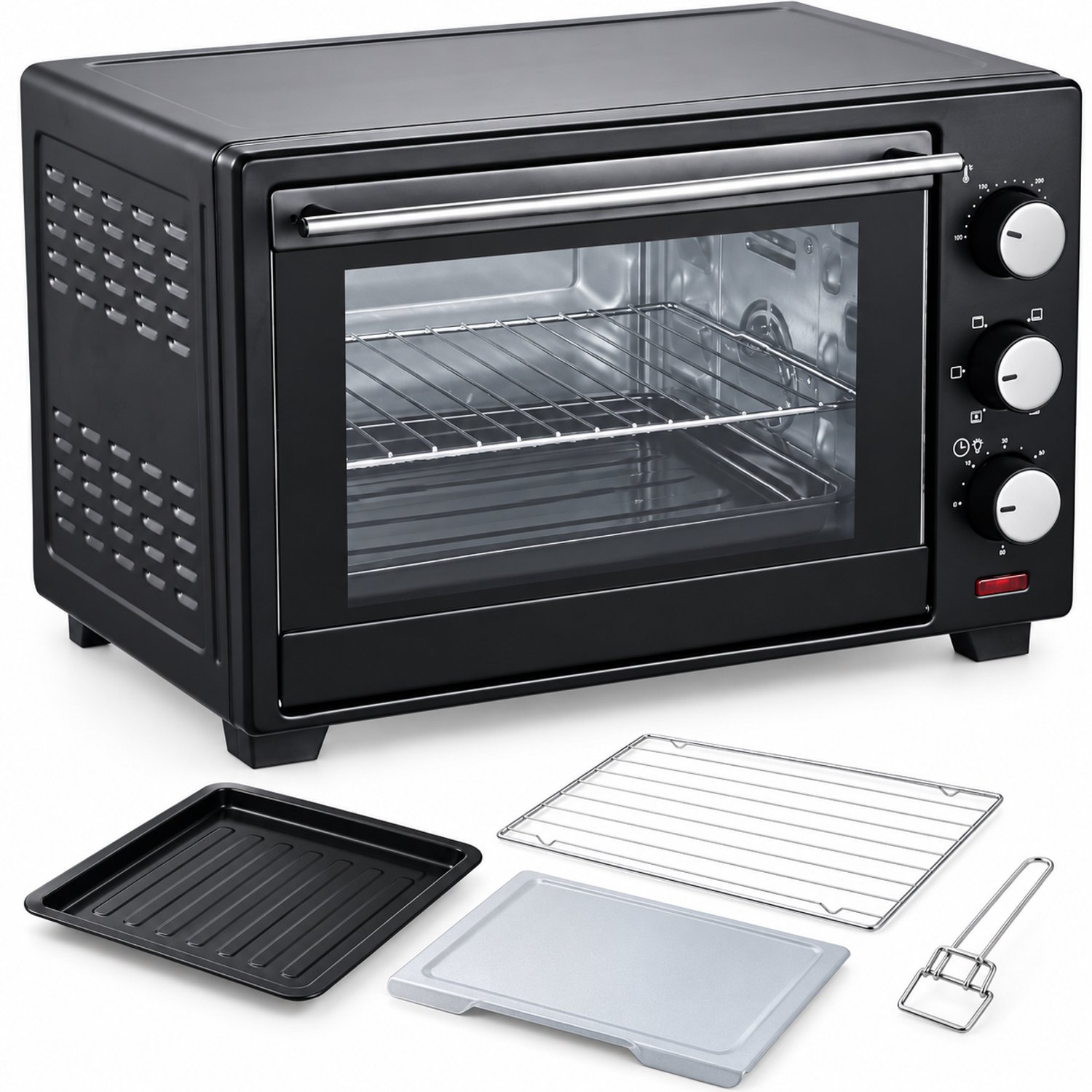 Mini Oven 25 Liter – Heteluchtoven 1600W – Boven- en Onderwarmte – Tot 250°C – Timer – Binnenverlichting – Inclusief Bakplaat en Grillrooster – Zwart