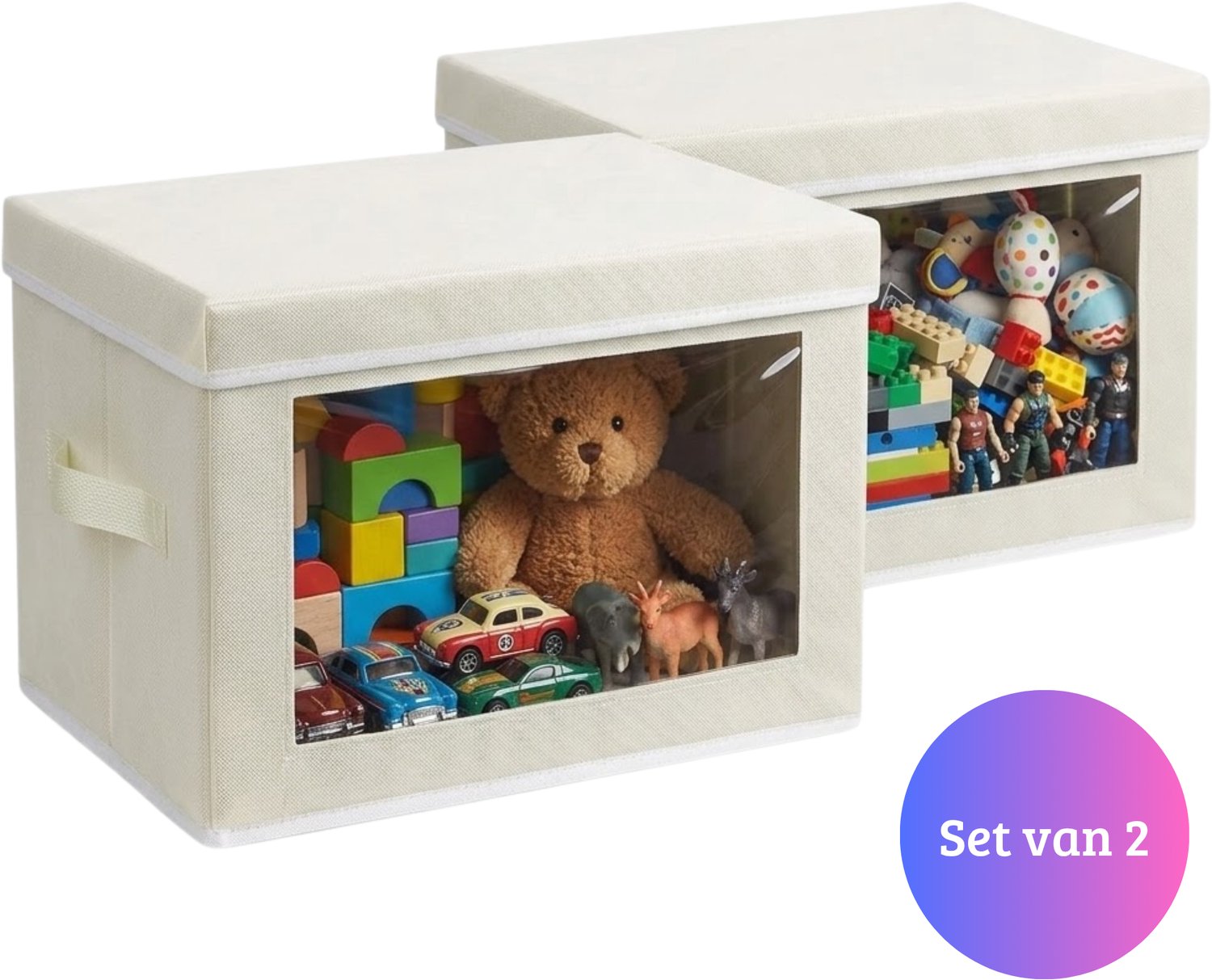 Janse® Opbergboxen met kijkraam set van 2 - 12 liter - Kleding organizer - Opslagbak beige - Opslagbox 2 stuks - Opvouwbare opbergmand - Stoffen opbergset - Opberger met deksel - Kast organizer