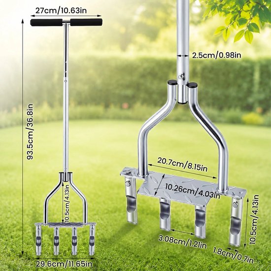 CINK & Co Handmatige gazonbeluchter 93 cm - Met 4 holle pennen en grondopvangbak - RVS basis en antisliphandgreep - Zilver — afbeelding 2