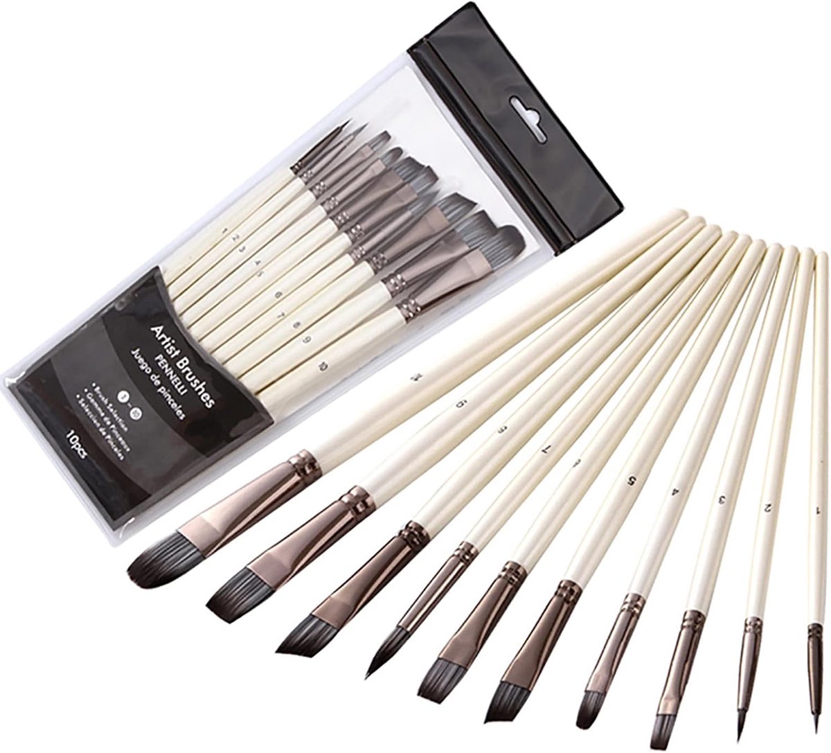 Dailygoods- Verfborstel Set van 10 - Premium Nylon Haren - Geschikt voor Aquarel/Olie - Duurzaam en Absorberend - Comfortabel Handvat - Voor Beginners