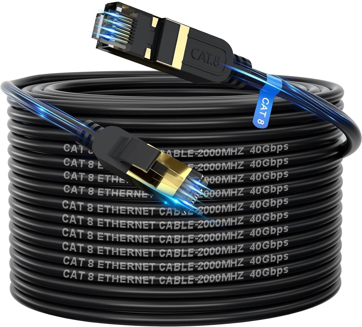 Cat 8 Ethernet-kabel 50M, 40 Gbit/s, 2000 MHz met vergulde RJ45-stekker, internetkabel voor buiten en binnen, compatibel met router, gamemodem, Xbox