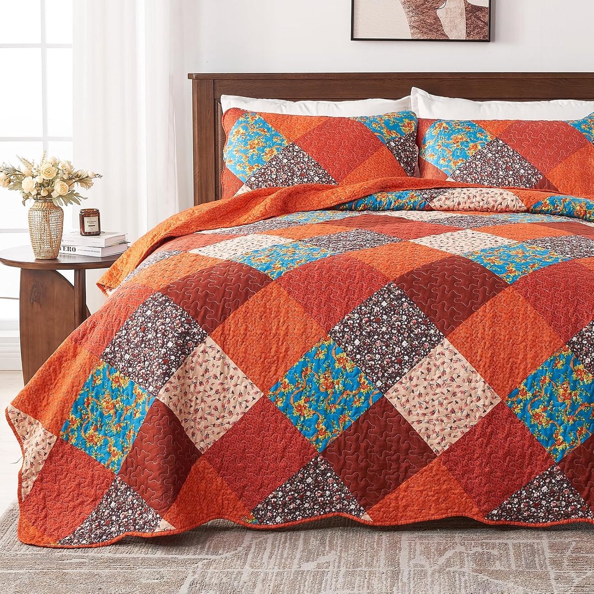 Gewatteerde sprei King Size, veelkleurige print rood oranje blauw patchwork dekbed 230 x 250 cm met 2 kussenslopen, lichtgewicht zachte microvezel bloemen omkeerbare dekbedovertrekset voor