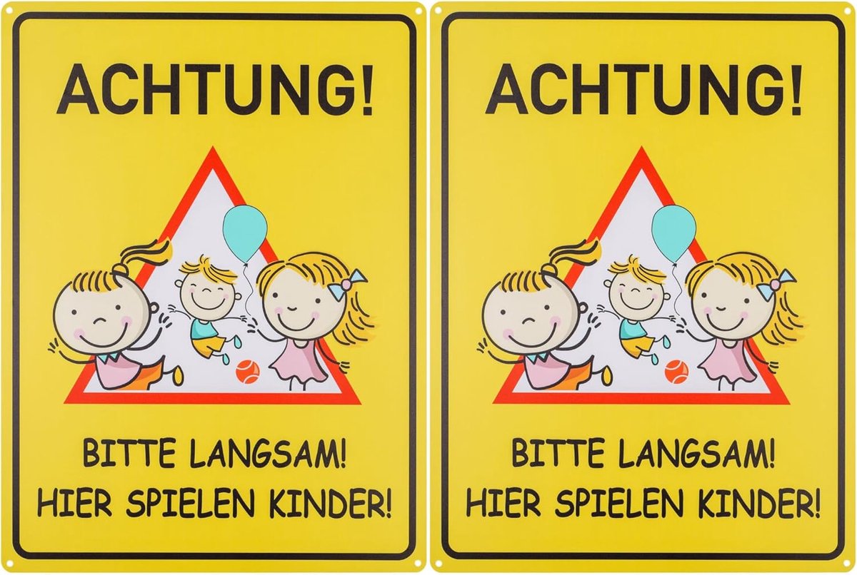 "Let op! ALTIJD LANGSAM! HIER SPELELEN KINDER!", 2 stuks, 40 x 30 cm, 1 mm dik PVC bord met boorgaten, informatiebord speelweg, let op spelende kinderen langzaam rijden bord