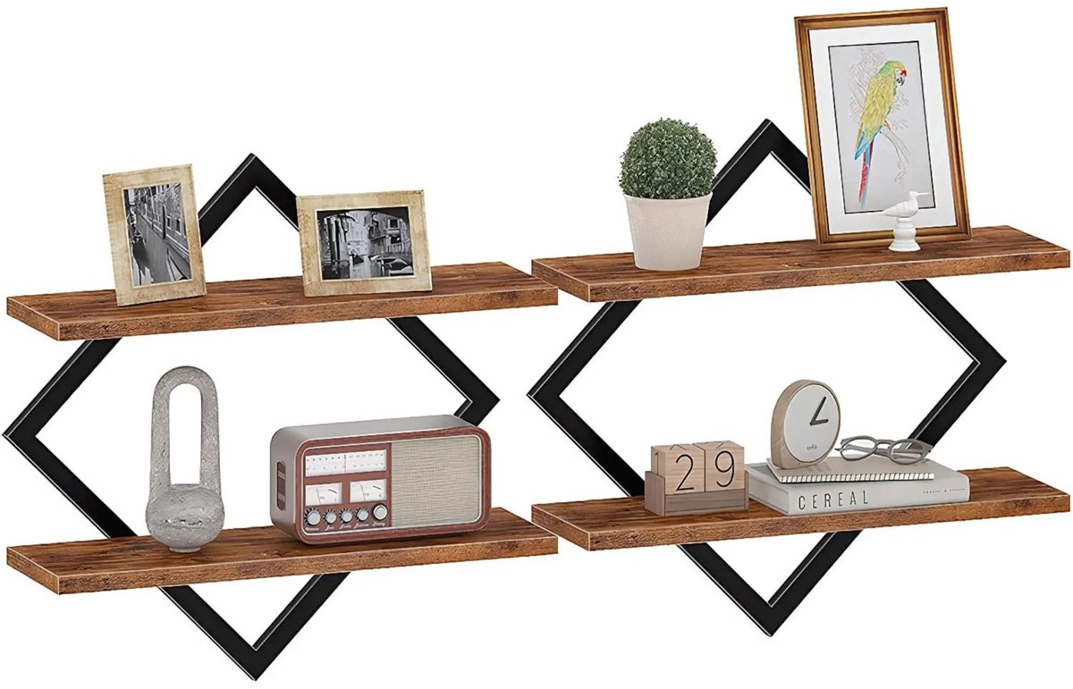 Noventra Wandplanken Set van 2 – Wandplank Hout & Zwart Metaal – Industriële Wandplanken – Voor Woonkamer, Badkamer & Toilet