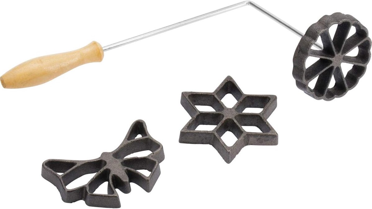 Wafelijzer, met 3 motieven en receptenboekje, vormpjes van 7-9 cm groot, staal/hout, zilver/lichtbruin, 32242260