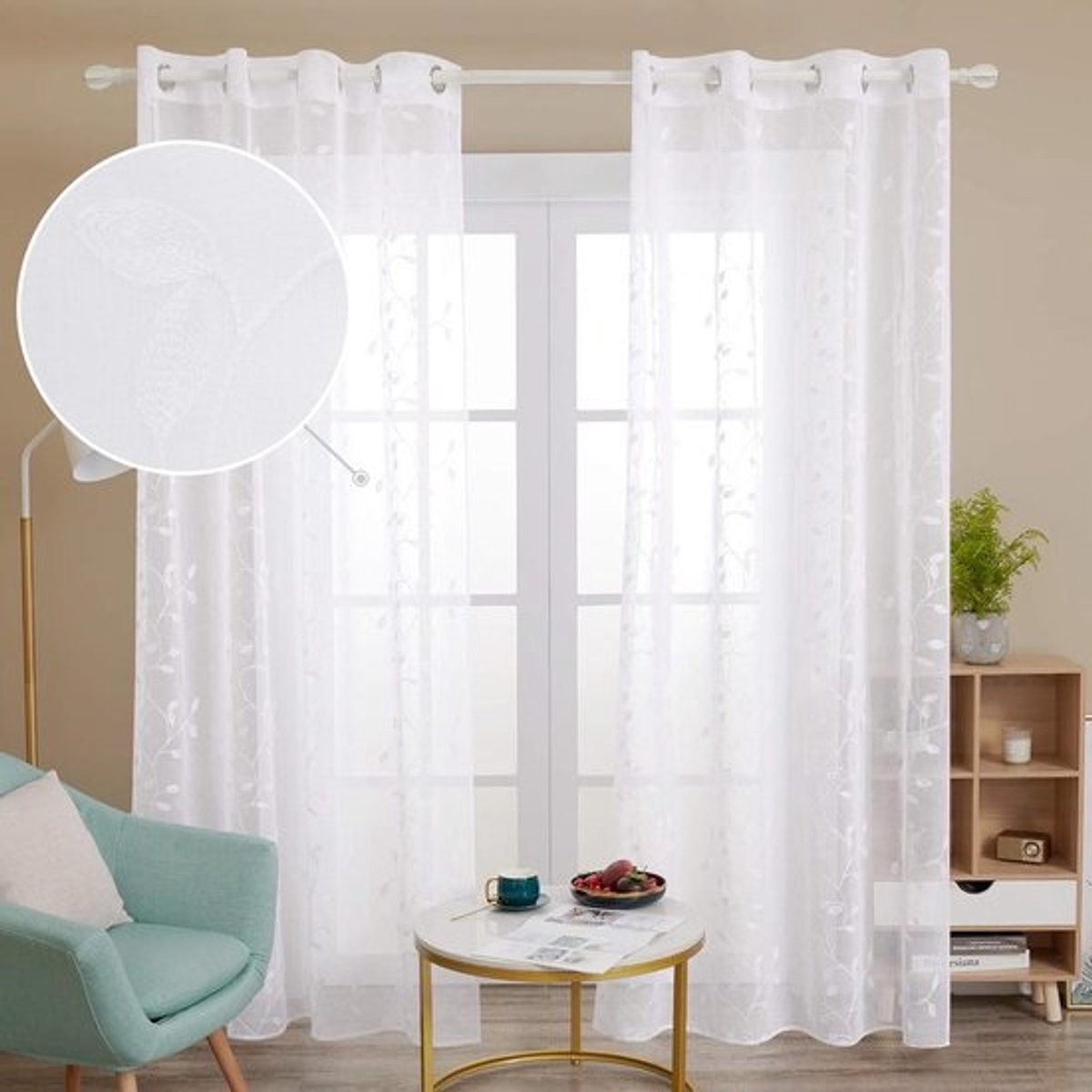 Set van 2 Witte Kindergordijnen 140 x 180 cm met Kunstleer Oogjes