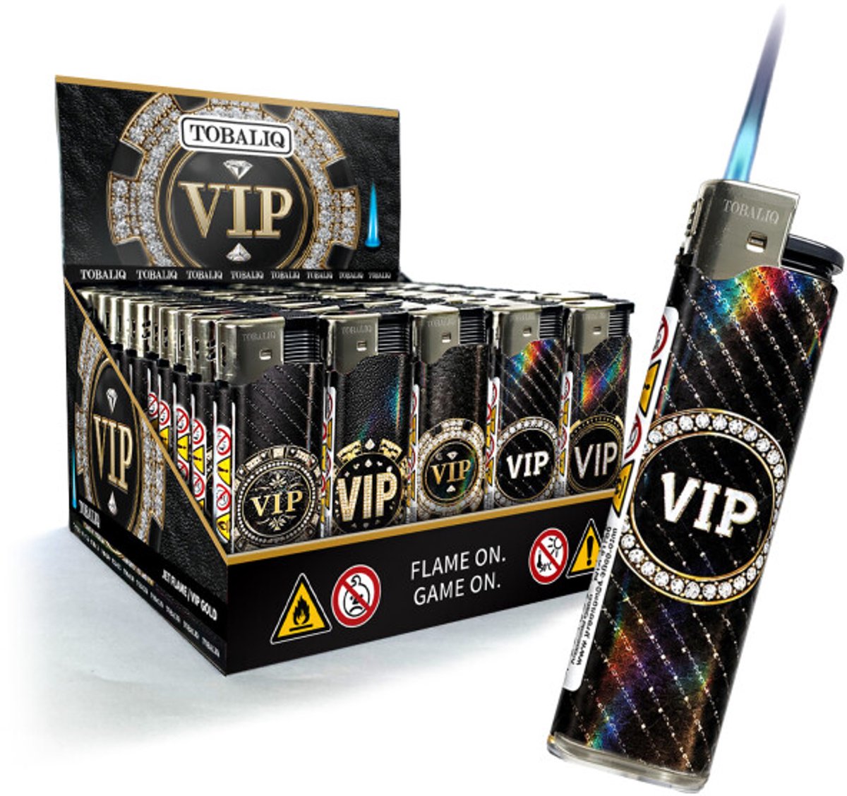 Tobaliq - Display 50 stuks- Turbo Aansteker -Design 3D JET-Motiefaansteker VIP GOLD - Aansteker - Navulbaar - Stormaansteker - Vuurwerk aansteker - BBQ