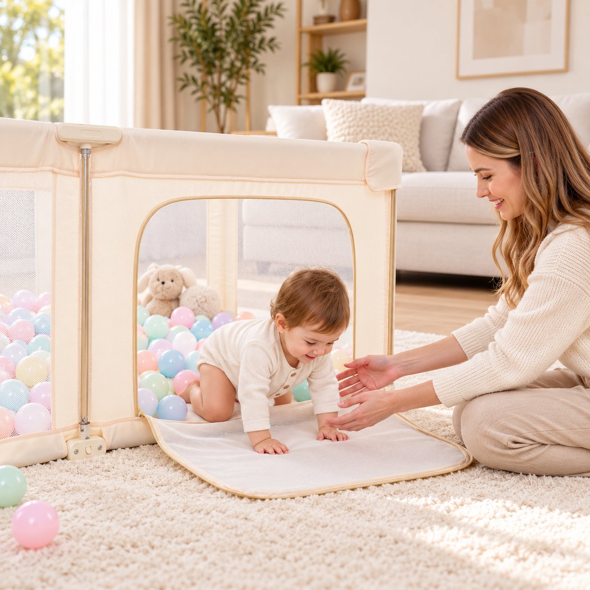 Lucellia® Grondbox Baby 130x130 cm – Inklapbare Speelbox met Speelmat, 50 Speelballen & Optrekringen – Kinderbox, Kruipbox, Playpen & Baby Box – Beige – foto 6