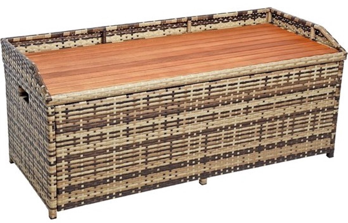 Tuinbank met opbergbox - Zitbank rotan - Buiten zitten - Inclusief kussen - 120 cm breed - Beige bruin