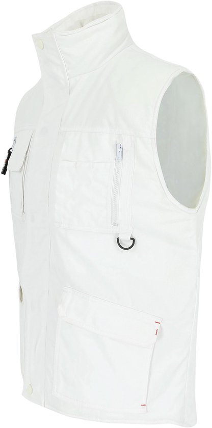 Witte bodywarmer met opgestikte zakken, ritsen en oranje accenten.