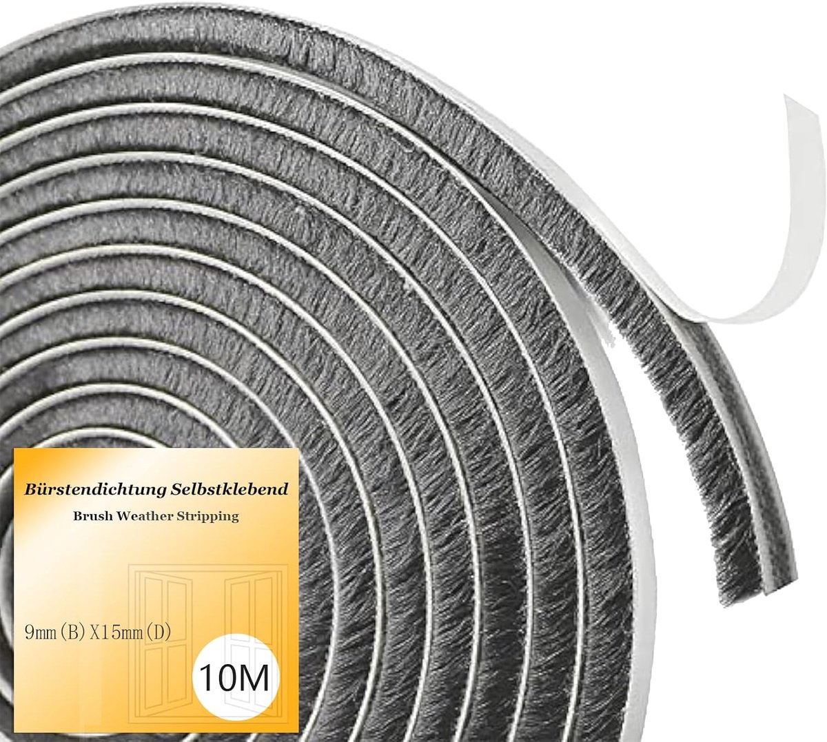 10 m borstelafdichting, zelfklevend, 9 mm (B) x 15 mm (D), borstelafdichting voor rolluiken, schuifdeur, raam, deur, kledingkast, deurafdichting borstel, insectenbescherming