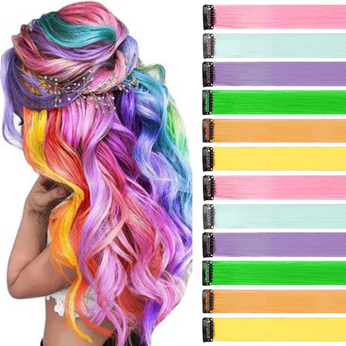 Haarstrengen om te klemmen, 12 stuks, 55 cm, gemengde kleuren, haarstrengen voor vlechten/vlechtkapsels, clip-in extensies, afzonderlijke strengen, kleurrijke haarlokken, kinderhaarverlengingen