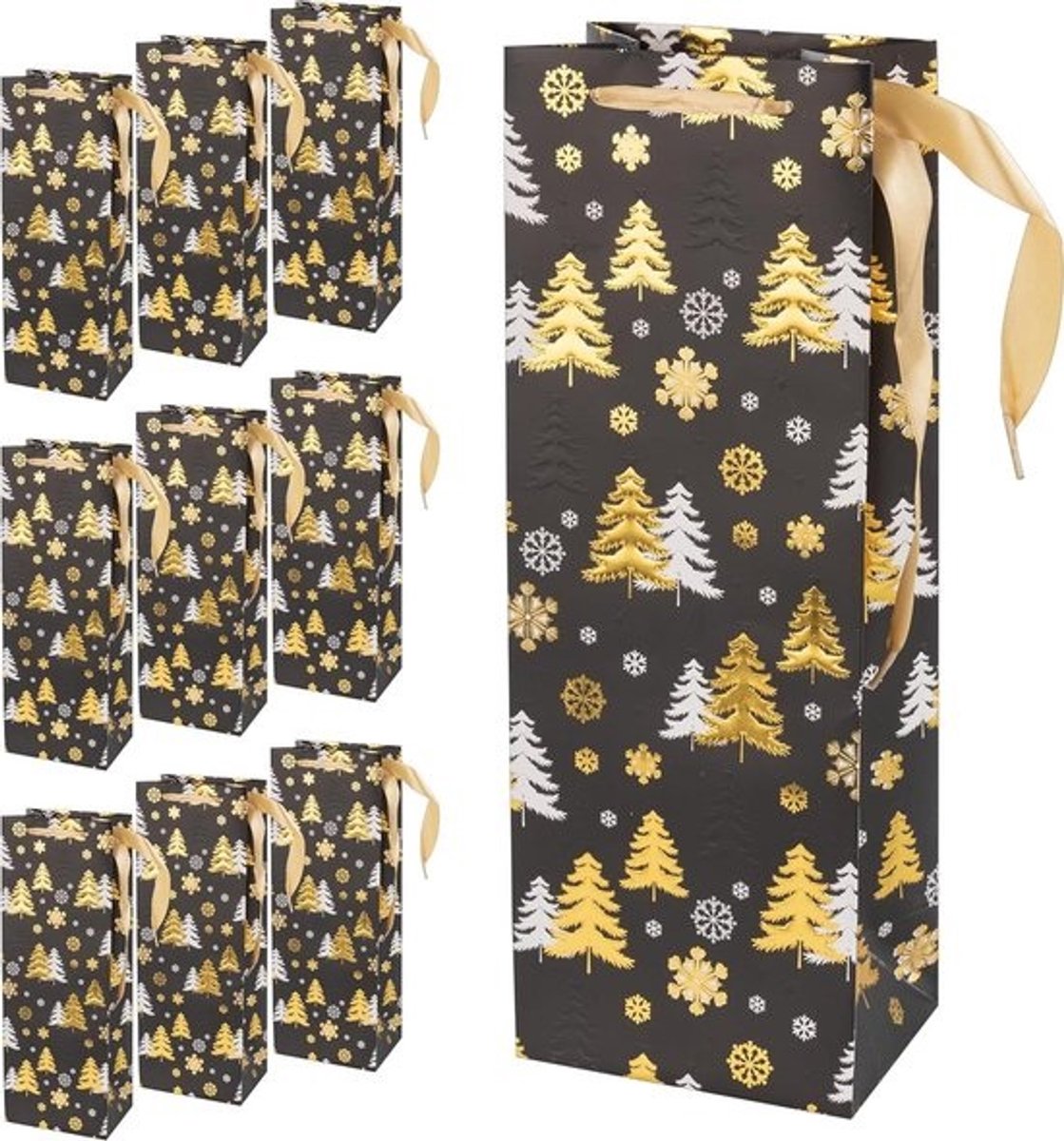 Kerstboom Fleszakjes - Cadeauzakjes Geschenktasjes - Flessen Inpakken - Met Kerstboommotief - 35 x 12.5 x 9 cm - Zwart Goud