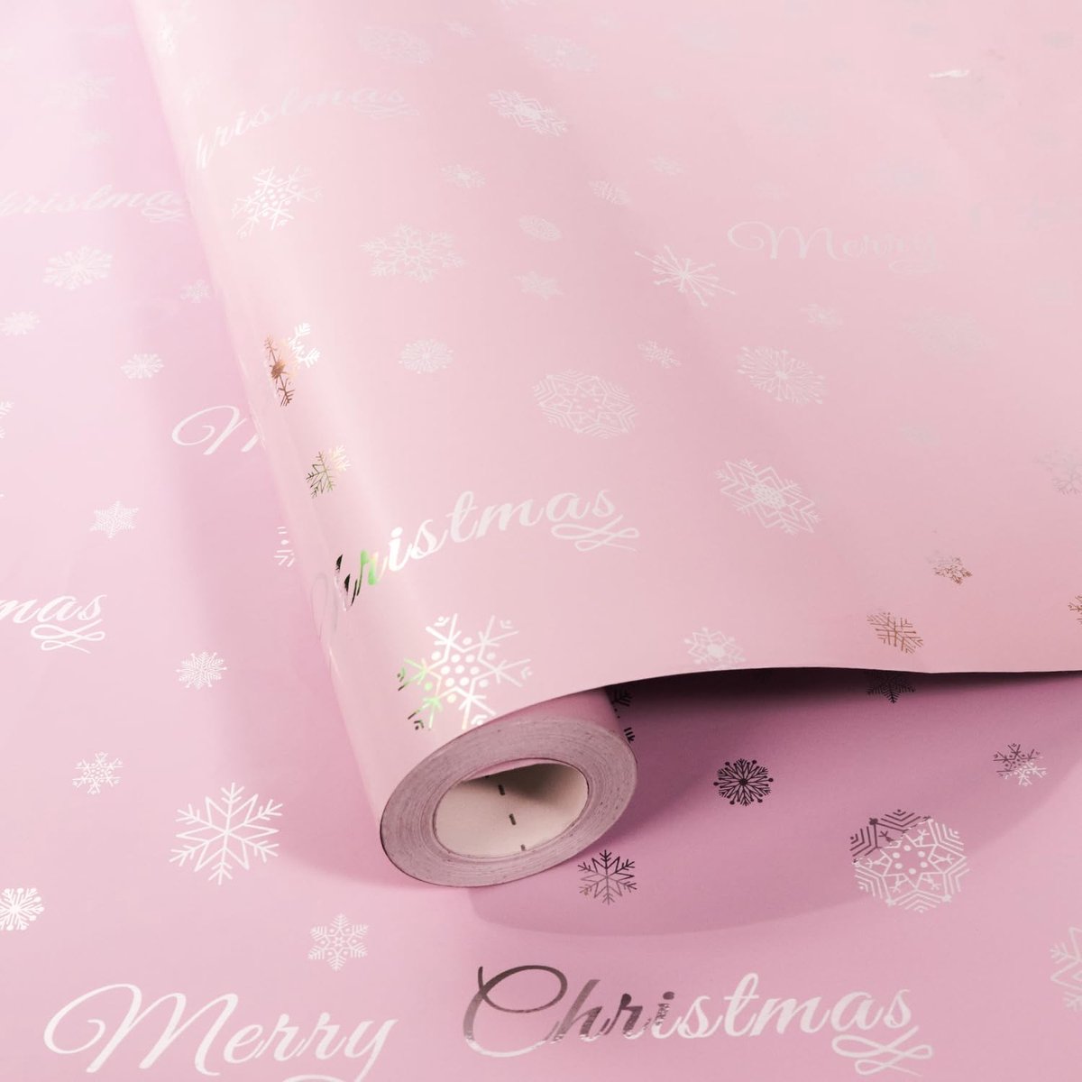 Cadeaupapierrol, 43 cm x 12 m kerstcadeaupapier, metallic cadeaupapier met sneeuwvlok en kerstboompatronen voor Kerstmis, feest, feestelijke decoraties (roze)