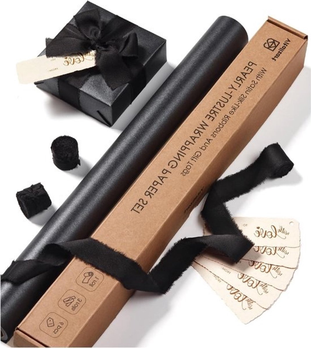 Cadeaupapier Set - Inpakpapier Rol - Cadeaus Versieren - Inclusief Lint & Labels - 43cm x 5m - Zwart