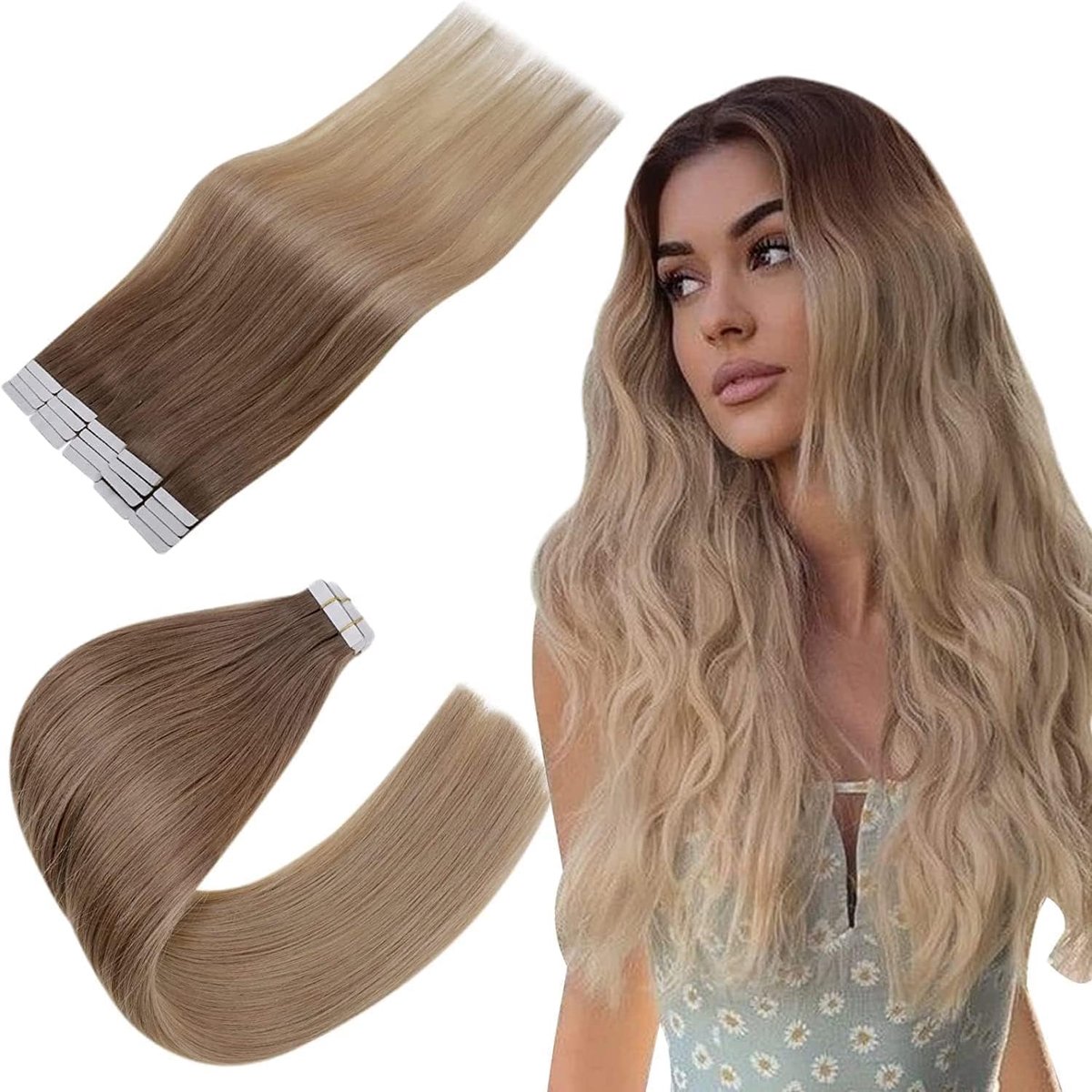#10/14 Tape in-extensies, echt haar, goudbruine mix met donkerblond, tape-in haarextensies, Remy mensenhaar, 35,56 cm, 40 g