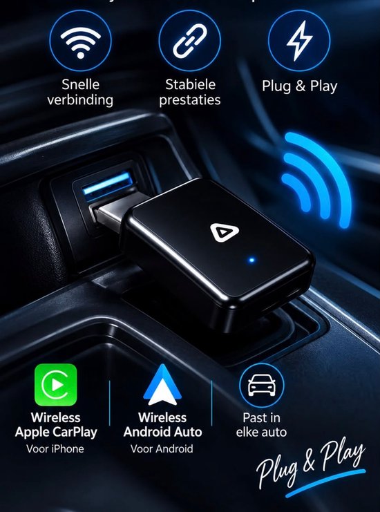 4-in-1 Wireless CarPlay Adapter – Draadloos Apple CarPlay & Android Auto – AirPlay & Mirror Link – USB-A & USB-C – Plug & Play – Ultra Mini — afbeelding 2