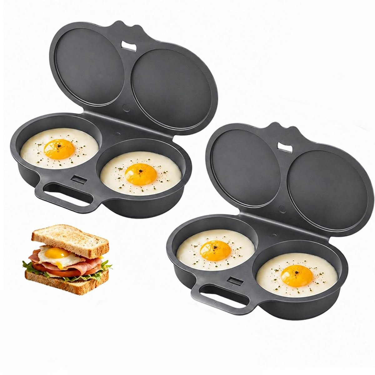 Eierstoomvorm - 2 stuks - 16*11,5*3 cm - Eierkoker - Eierfriteuse - Dubbele eierkoker voor de magnetron - Eierkoker met antiaanbaklaag - Keukengerei - Kookt twee eieren tegelijk - Geschikt voor het ontbijt - Donkergrijs