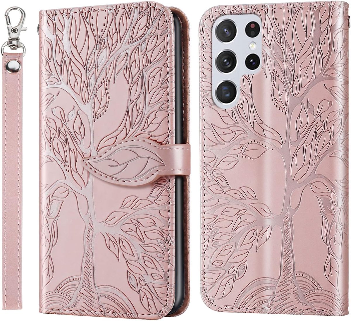 Hoes voor Samsung Galaxy S22 Ultra, PU-lederen klaphoes met magnetische sluiting en standaard, portemonneehoesje met TPU-binnenhoes en kaartsleuf voor Samsung S22 Ultra - Rosé Goud