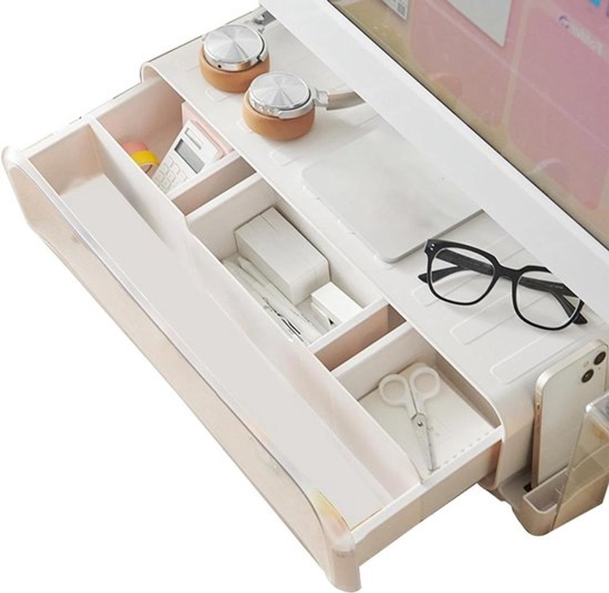 Bureau Plank - Monitor Verhoger - Werkplek Organiseren - Met Lades - 51x213x13cm - Wit