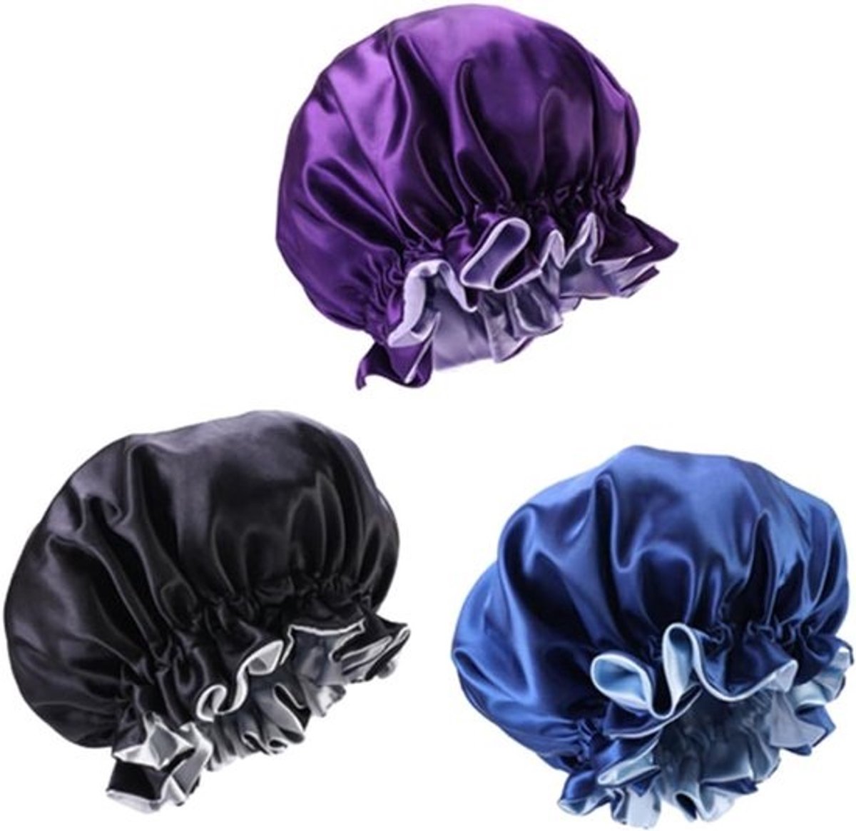 Satijnen Slaapmutsen - Haarmuts Douchemuts - Bescherming Haar - Breedgerande Pasvorm - 36x30x1 cm - Paars Blauw