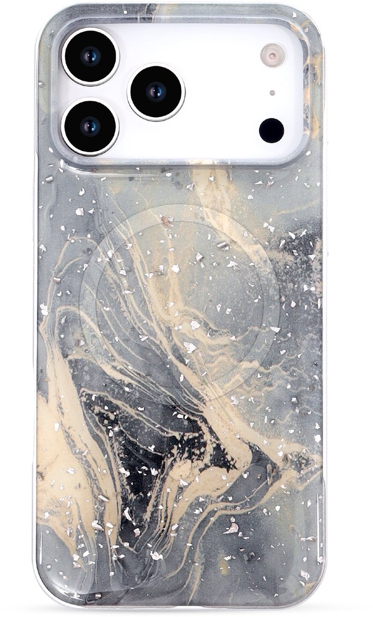 Casemania Hoesje Geschikt voor Apple iPhone 18 Pro Max - Grijs - Marmer Glitter Magnetisch Back Cover - Geschikt voor MagSafe