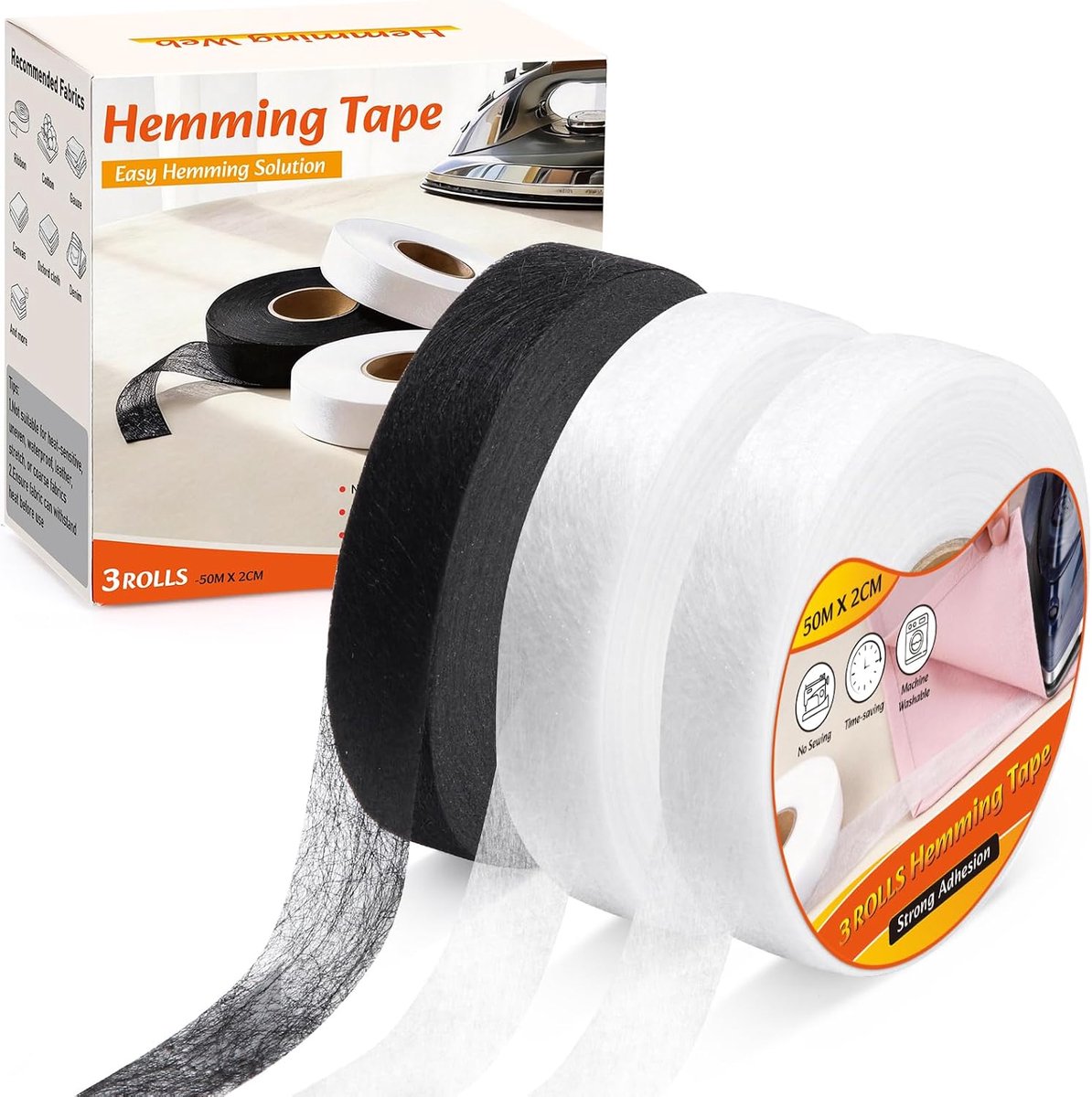 3 Rollen Strijkbaar Zoomband, 50 m per Rol, 2 cm Breed, Zoomband Zonder Naaien, Strijkbare Textieltape met Betrouwbare Hechting voor Broeken, Gordijnen, Kleding en DIY-Projecten
