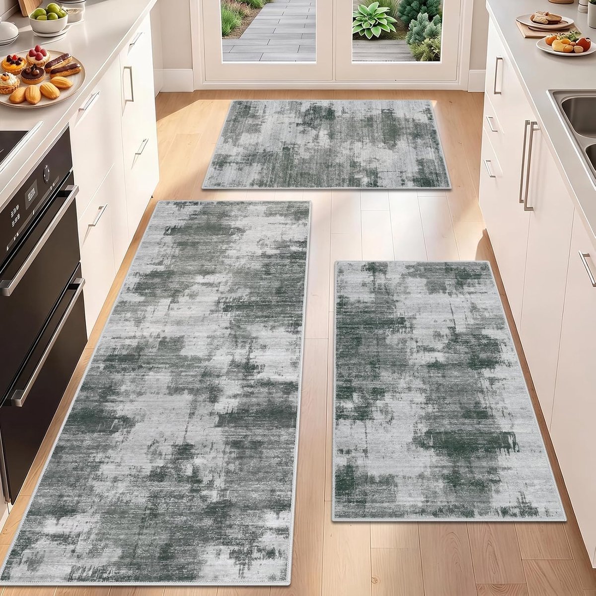 Keukentapijtensets 3-delige keukenmatten antislip wasbare keukenlopers vloermat donkergrijs modern abstract voor keuken wasruimte hal 50 x 120 cm + 50 x 80 cm + 50 x 80 cm