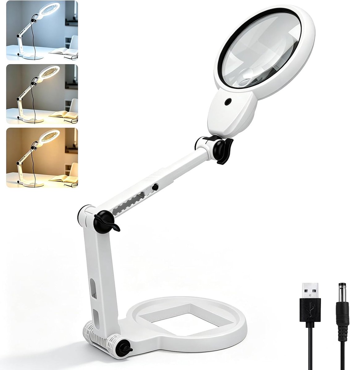5X 10X 20X Staande loep met licht en standaard, vouwbare loeplamp met USB-opladen, 3-in-1 loeplamp met 18 LED, HD-lens, Ideaal als tafelloep met verlichting om te lezen, knutselen en repareren
