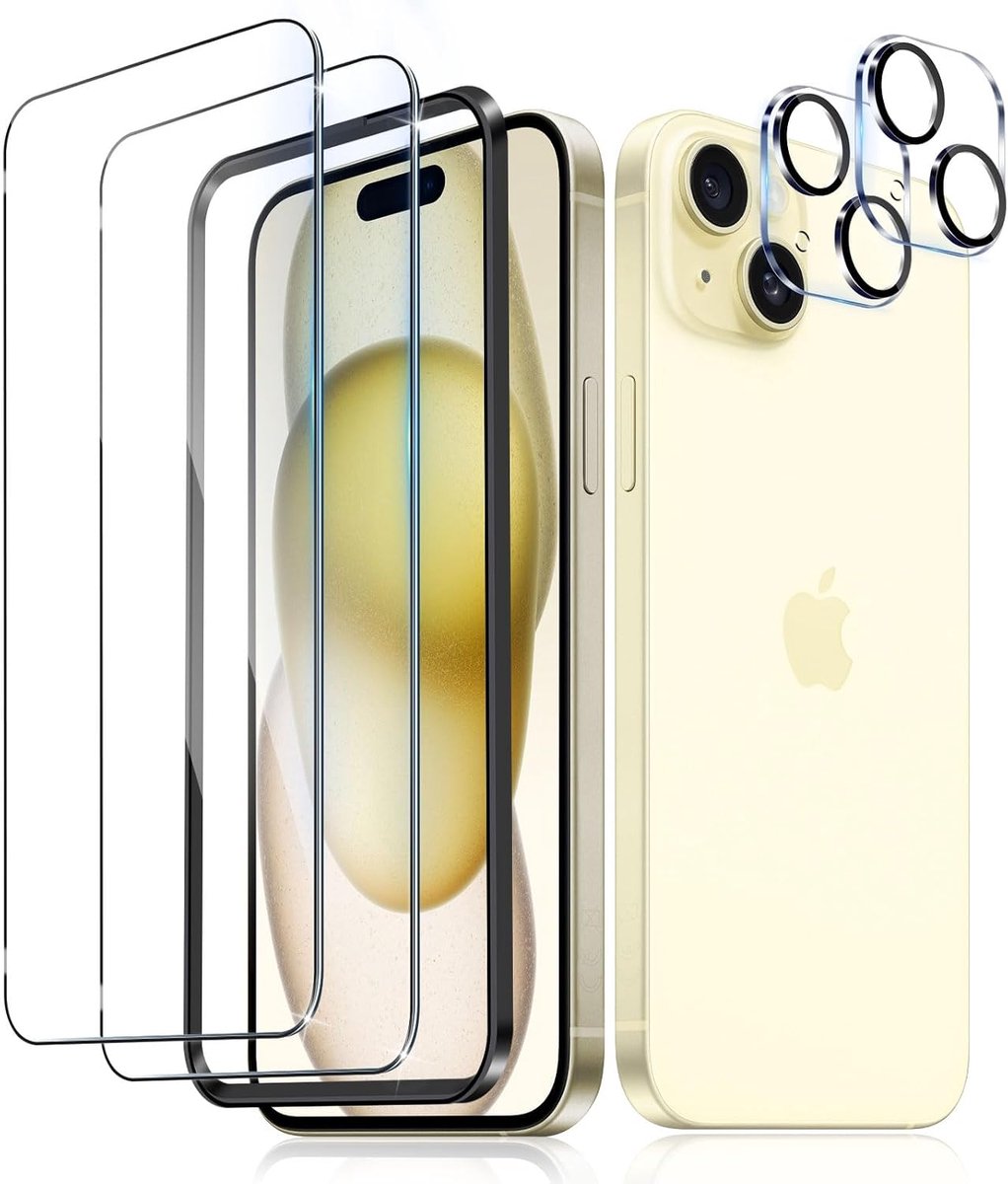 Beschermfolie voor iPhone 15 voor pantserglas, 2 stuks pantserbescherming, glasfolie met 2 stuks camerabescherming, 9H pantserfolie, ultra-helder beschermglas, displayfolie