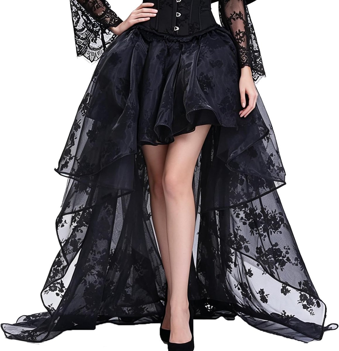 Vintage Steam Punk Rock Kostuum Slip Onderrok Zwart Mesh Hoge Taille Midi Maxi Lange Rok voor Dames