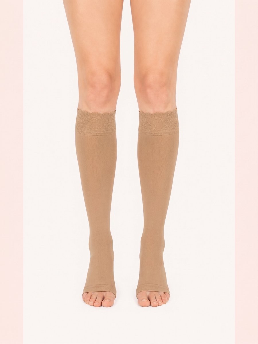 ARCH Compressiekousen / Steunkousen CCL2 – 23–32 mmHg – Dames & Heren – Ondersteuning voor Zware & Vermoeide Benen – Kniehoog – Open Teen – Beige – Maat 3