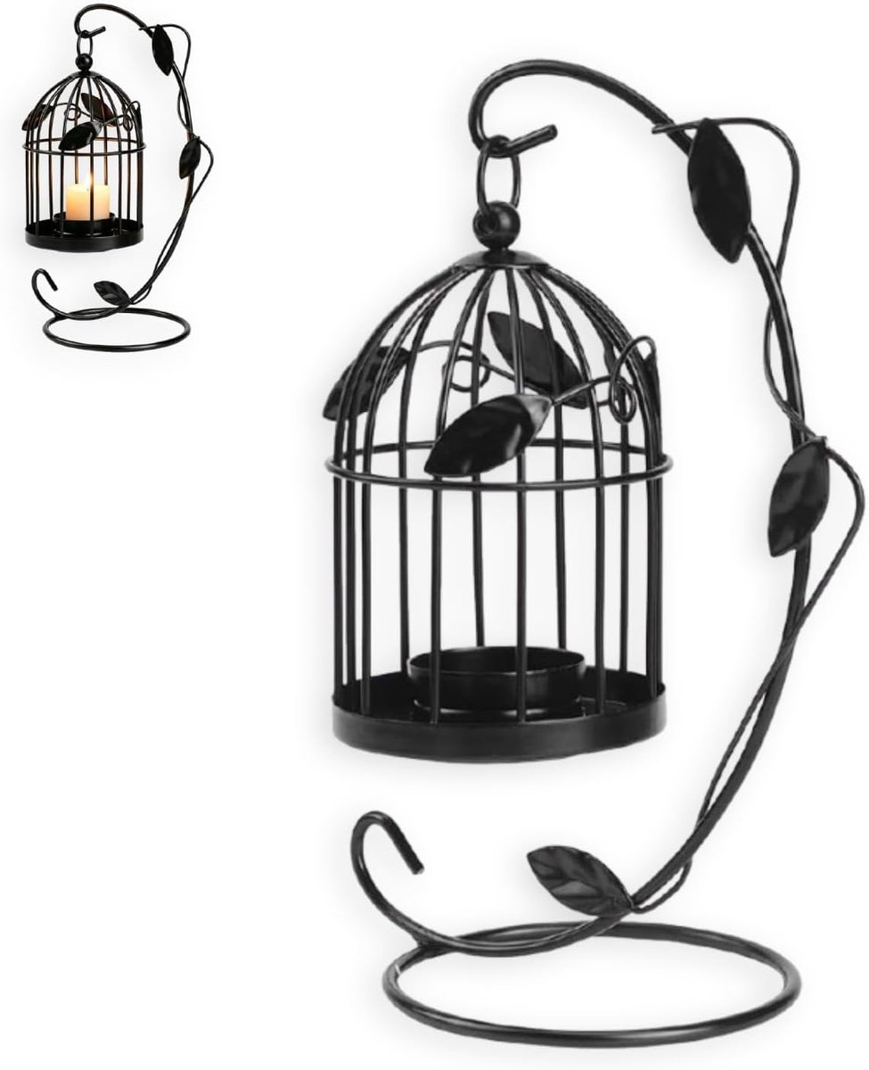 Kandelaar voor vogelkooi, decoratieve kandelaar voor vogelkooi, innovatieve ijzeren bladeren, holle kooi, hangende kandelaar, woondecoratie (zwart)