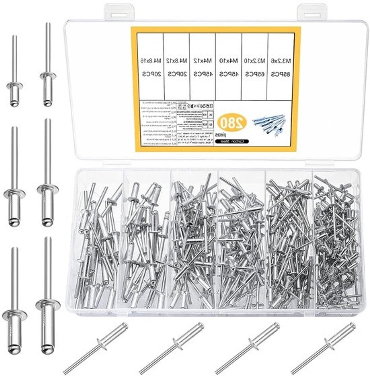 280x Aluminium Blindklinknagels Assortiment Set - Popnagels voor Metaal, Hout en Kunststof (Zilver)