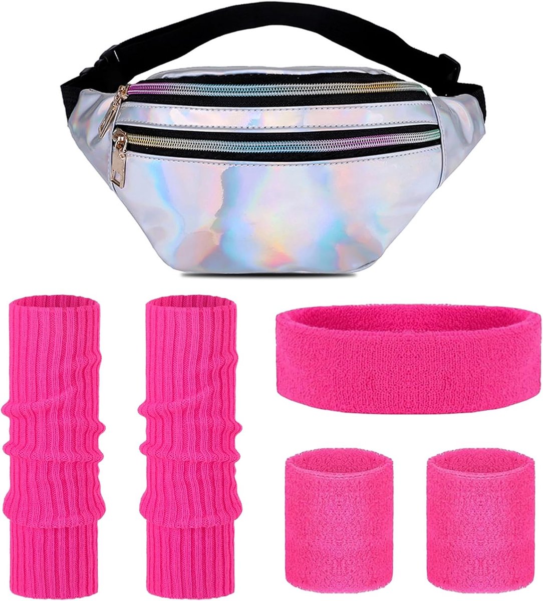 80 kleding dames set, retro neonroze riemtas, neon hoofdband, oorring, halsketting, handschoenen, jaren 80 accessoires voor carnaval party (A)