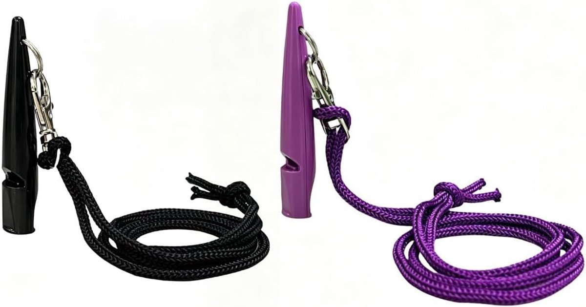 2 stuks hondentrainingsfluitje set met lanyard voor training - luid en verreikend (zwart + paars)