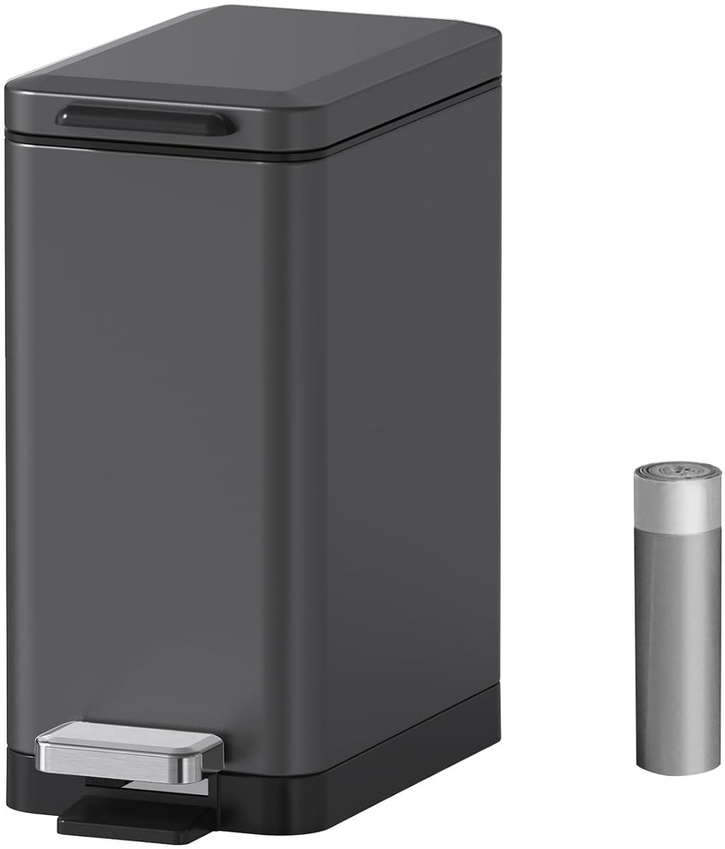 Stap prullenbak 10 liter 2,6 gallon slanke ontwerp step-on prullenbak met sterk pedaal, roestvrij staal rechthoekige vuilnisbak, donkergrijs