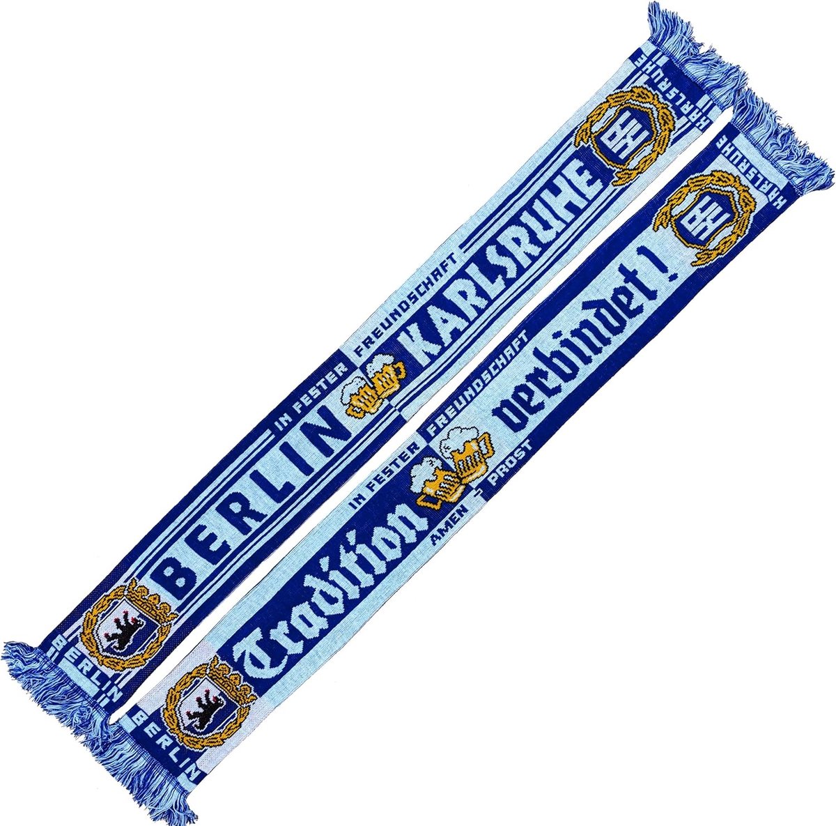 Karlsruhe-Berlin vriendschapssjaal (gebreide sjaal), blauw, wit, zwart., 135 cm