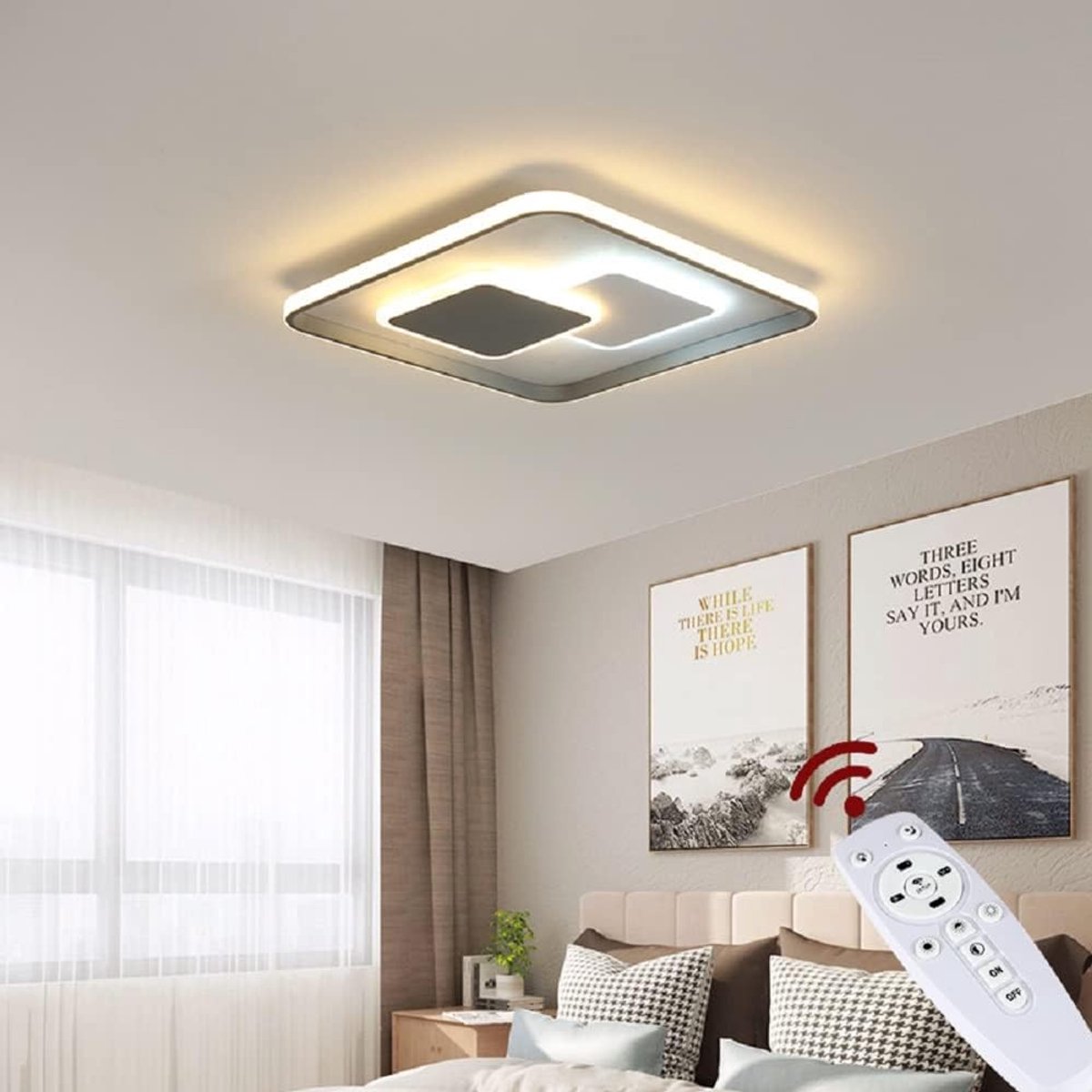 Plafondlamp 9641FX vierkant 46cm met afstandsbediening lichtkleur / helderheid instelbaar acryl scherm wit/grijs (9641+FX, 46x46 cm 122W)