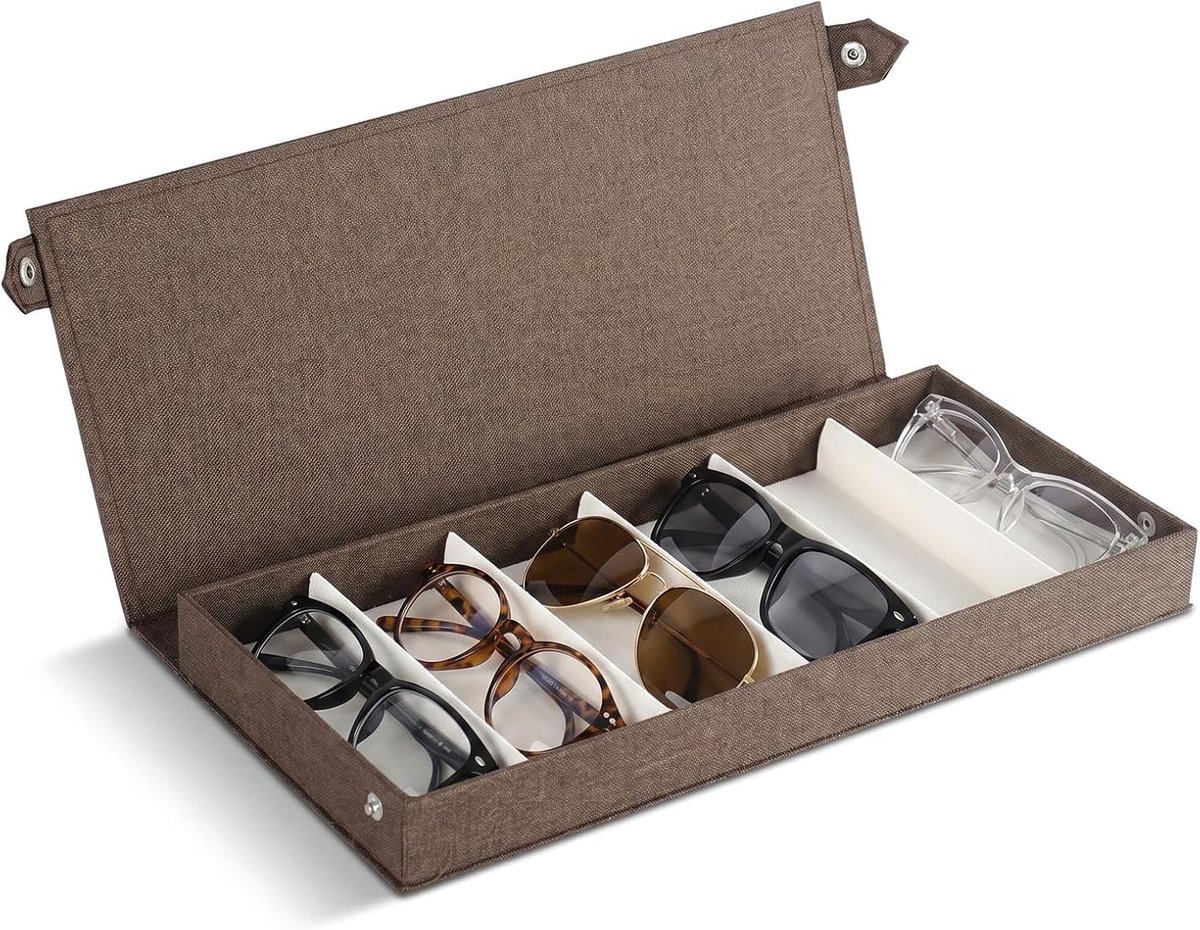 Brillen Opbergdoos - Met 6 Vakken en Drukknop-Klapdeksel - Voor Zonnebrillen en Accessoires - Koffiebruin 38x17x4 cm