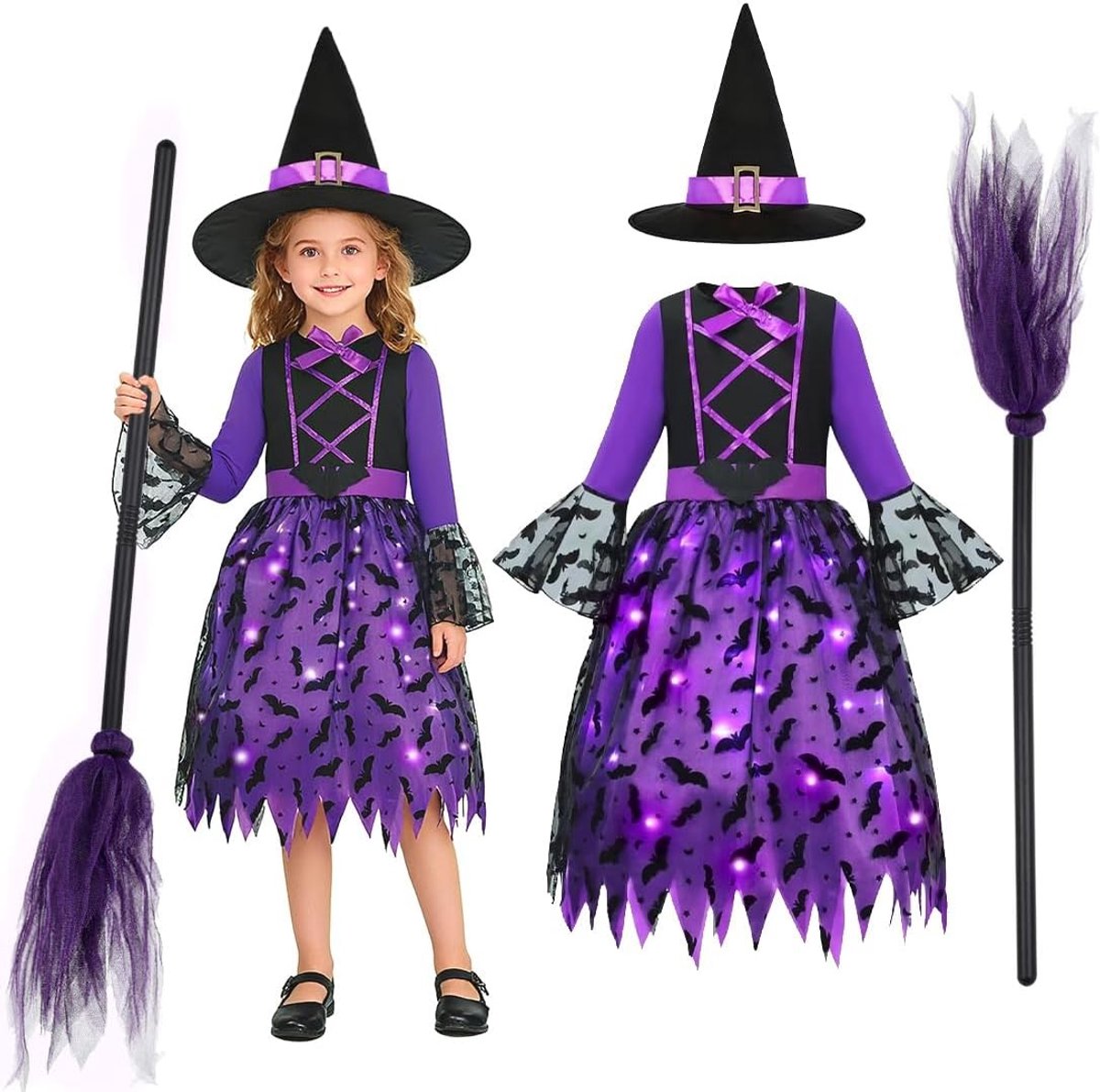 Kinderen Halloween Kostuum, Luminous Tovenaars Outfit met Hoed en Bezem, Perfect voor Carnaval en Feestjes