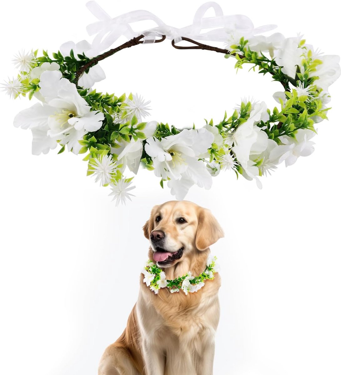 Dailygoods- Bloemkraag Wit/Groen - Hondenkrans - Bruiloft Accessoire - Handgemaakte Bloemen - Diameter 18 cm - Stijlvol Cadeau
