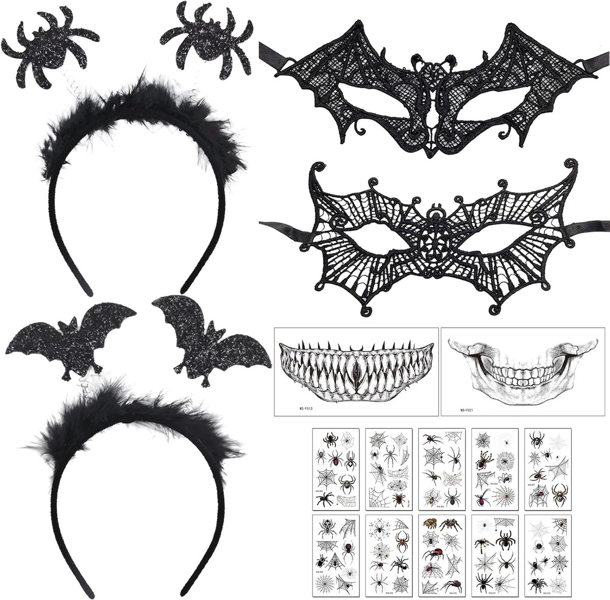 Dailygoods- Kostuumaccessoires Halloween - Vleermuis-haarband - Spinnenoogmasker - Kanten masker - Mondstickers - Tattoostickers - Hoogwaardig materia