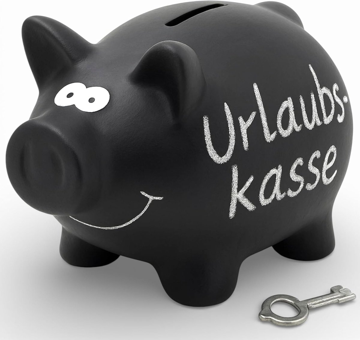 Dailygoods- Spaarvarken Keramisch - Spaarpot met Tafeloppervlak - Slot met Sleutel - Krijt voor Labels - 16 x 12 cm - Zwart