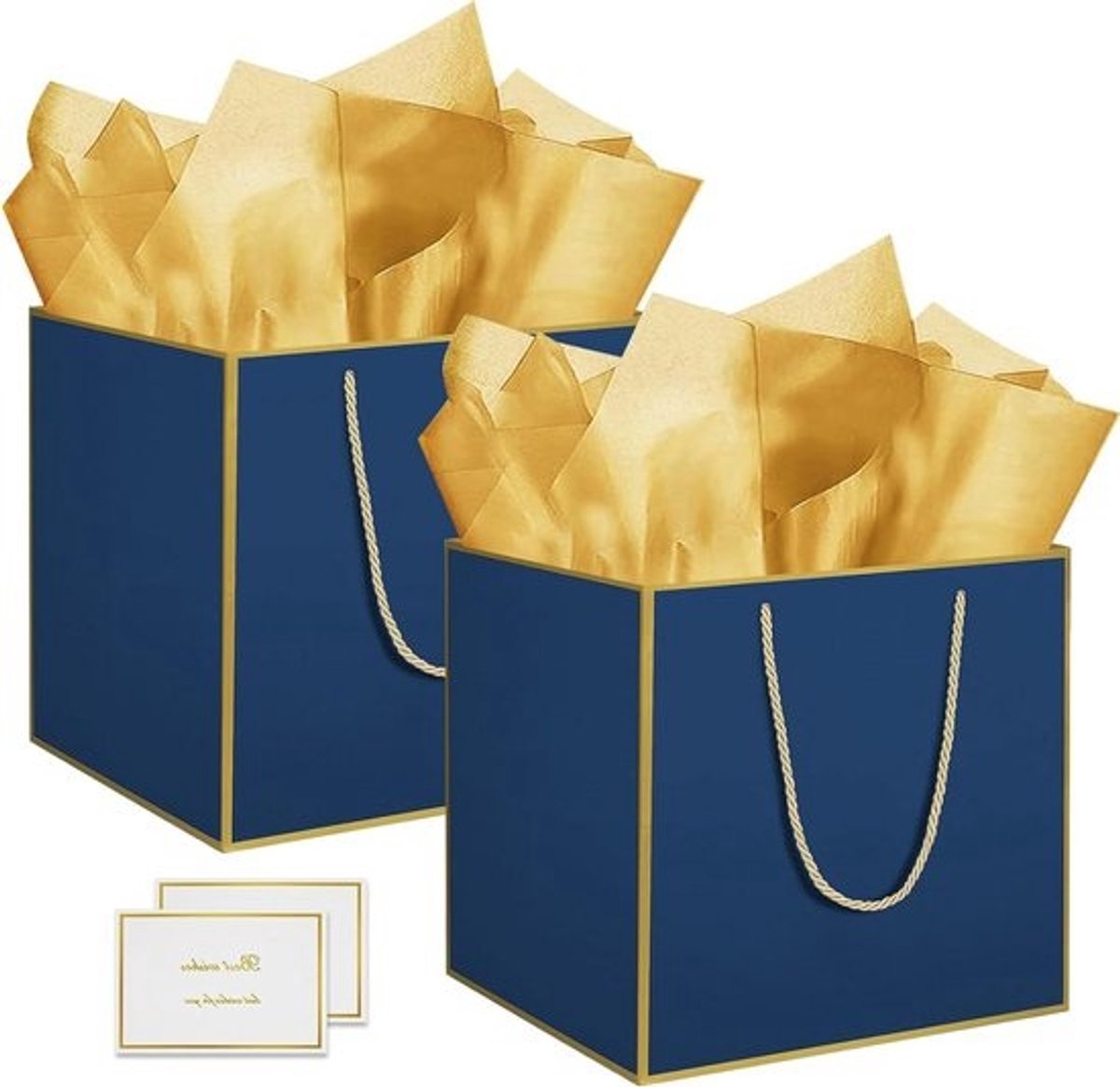 Vierkante Cadeauzakken - Grote Geschenktassen - Cadeaus Inpakken - Met Gouden Rand - 30cm Vierkant - Blauw