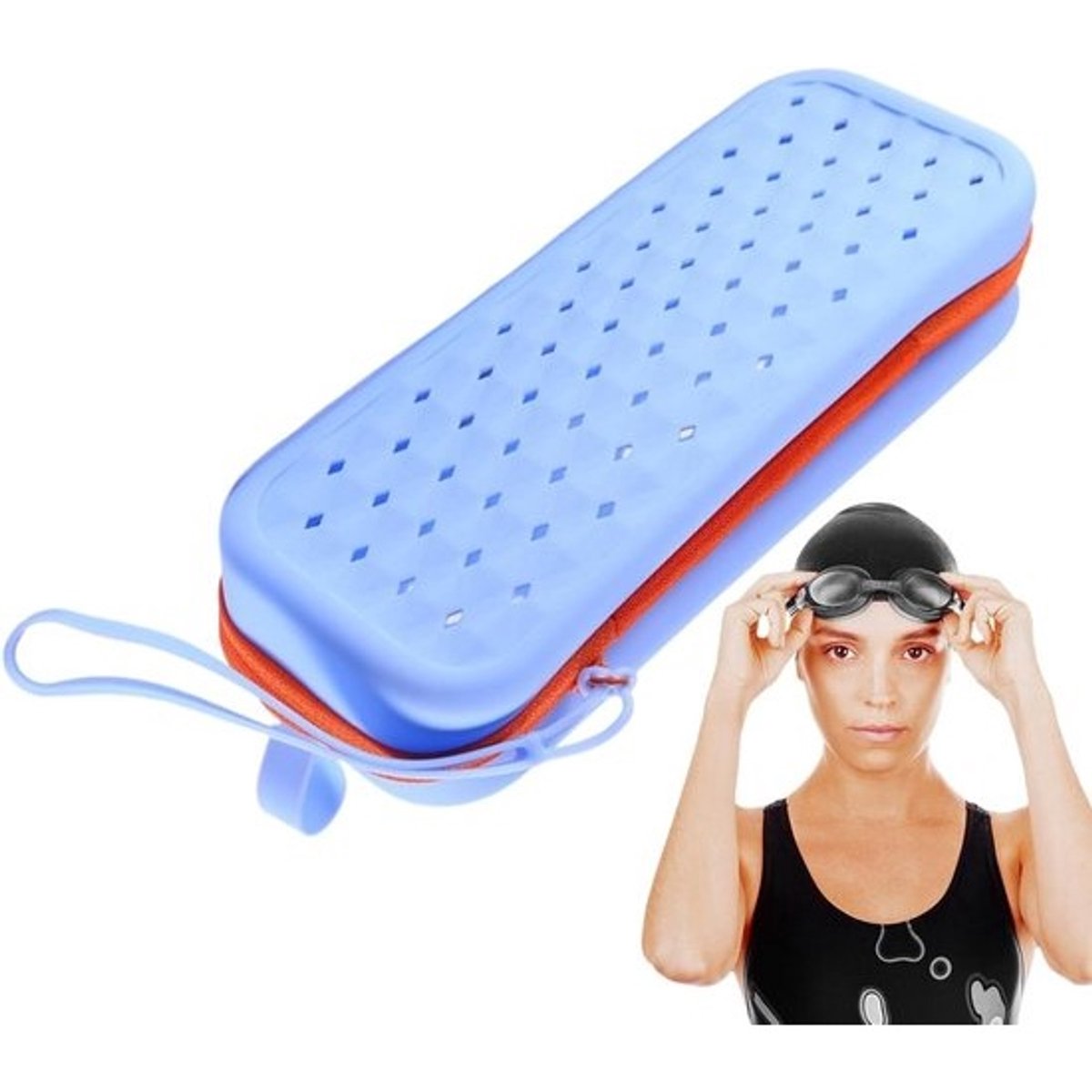 Zwembril Hoes - Beschermhoes Opbergdoos - Watersport Organisatie - Zachte Siliconen Drainage - 19.5 x 7.5 x 5 cm - Blauw